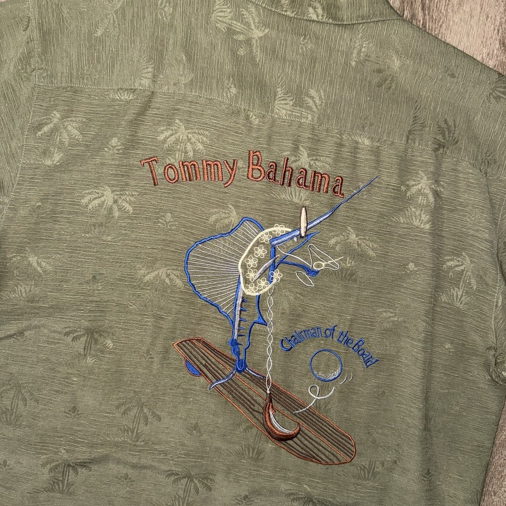 Tommy Bahama 100% Silk Embroidered Chairman Of The Board Mens XL Button Up Green